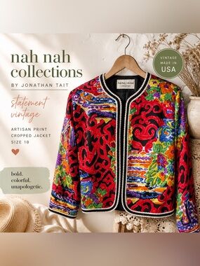Nah Nah Collections Jonathan Tait Sz 10 Vintage Colorful Silk Cropped Blazer